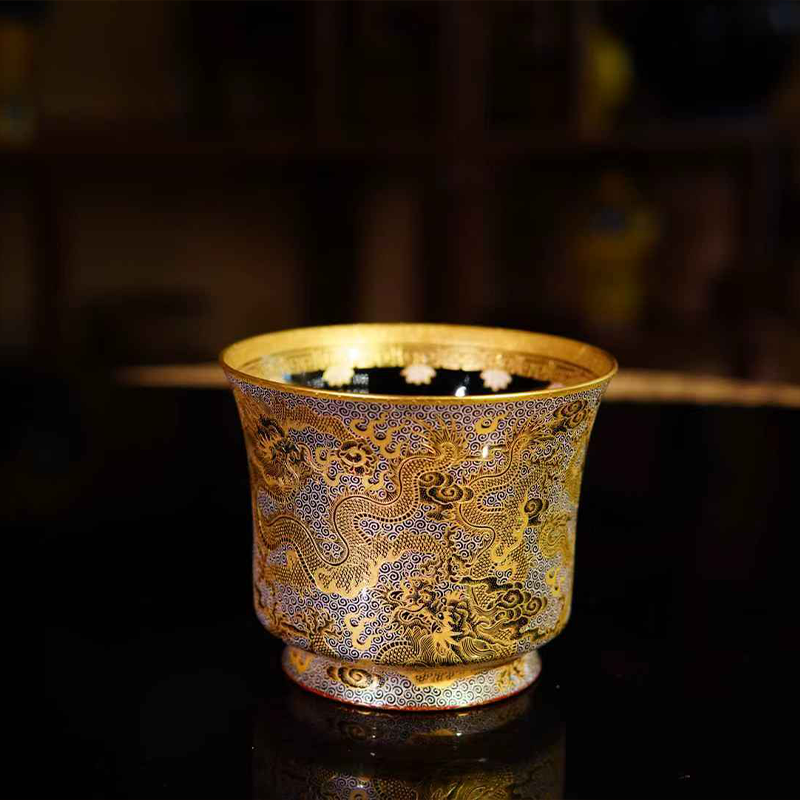 景德镇重工珐琅彩堆金九龙纹主人杯高档收藏品错金银茶杯陶瓷茶具