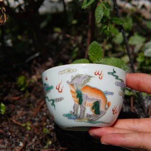景德镇古彩人瑞兽纹缸杯茶杯手绘陶瓷茶器复古国风主人杯茶具送礼