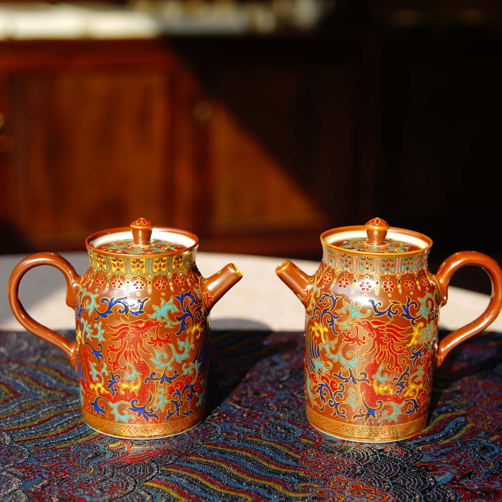 景德镇重工珐琅彩描金双凤纹紫金釉茶壶高端茶器仿古茶具喝茶送礼