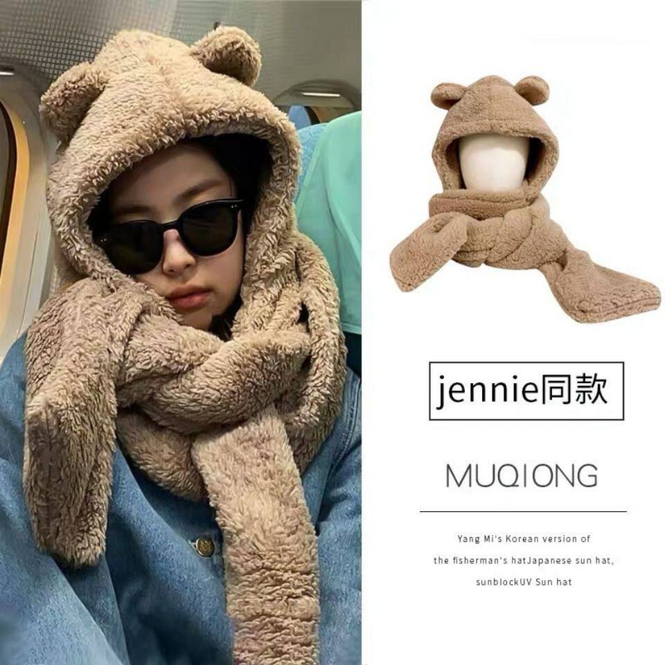 jennie同款小熊帽子围巾