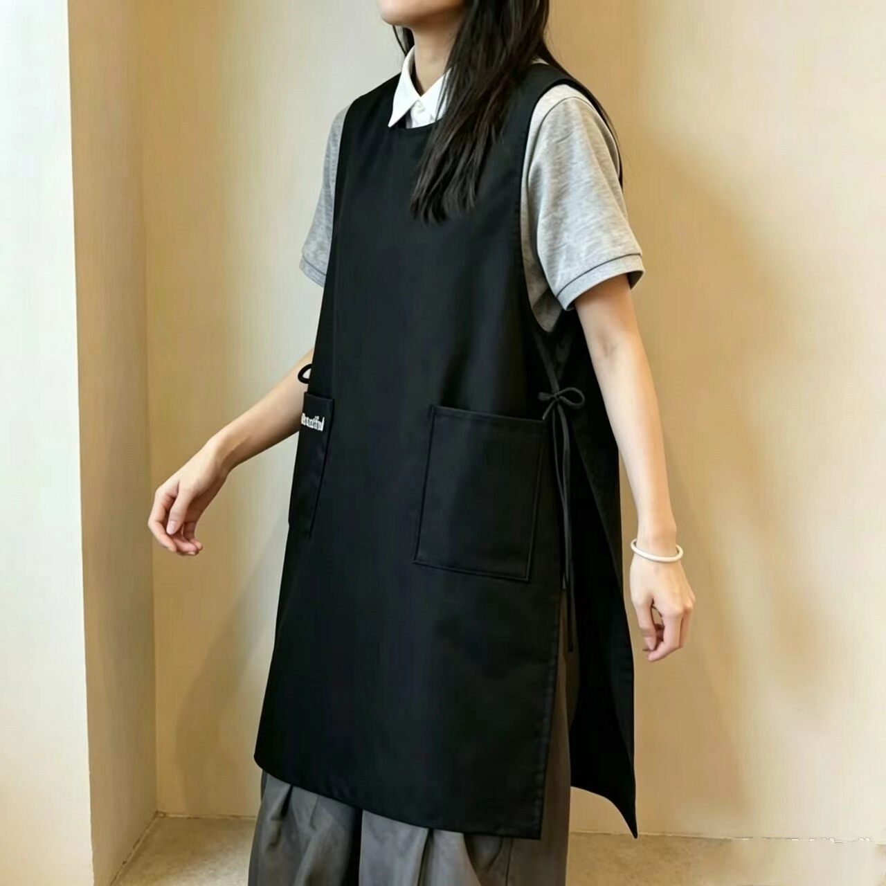 时尚大口袋围裙女厨房做饭工作服马甲式耐脏餐饮围裙坎肩烘焙男女
