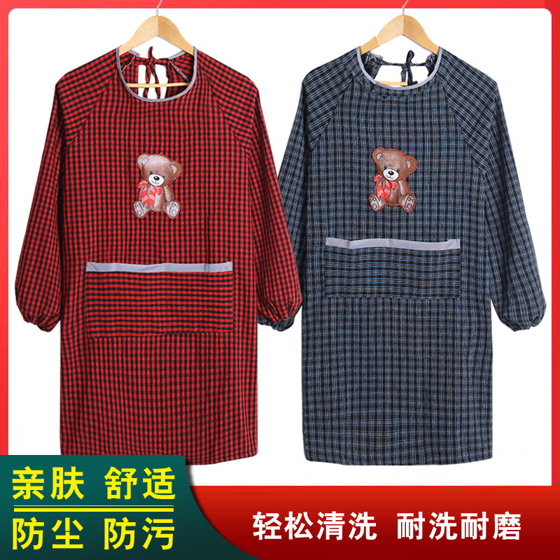 粗棉布罩衣有袖围裙清洁纯棉成人防水防污日式田园风反穿加长工作