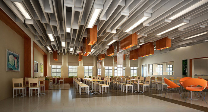 单位食堂设计效果图 卖饭窗口餐桌餐椅大学生食堂文化