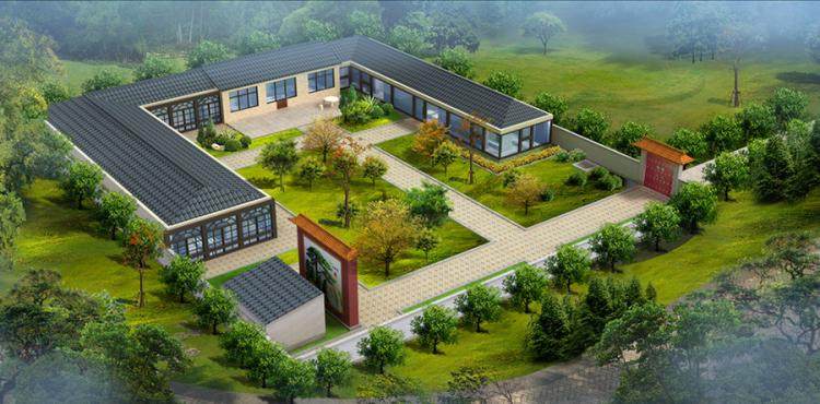 农家院设计案例效果图木门房屋屋檐屋脊影壁石板路大树绿篱白墙