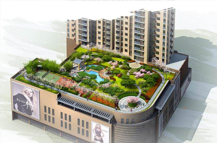 屋顶花园景观设计案例效果图 防腐木 太阳伞桂花健身器材格栅栏杆