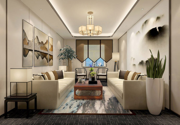 接待室.会客室设计效果图 发光灯膜地毯米黄石材装饰柱吊顶中式沙