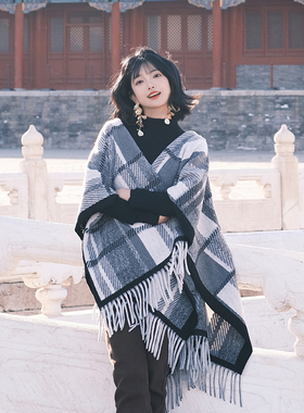 TOANDFRO / 2024秋冬美拉德格纹流苏披肩女旅游保暖斗篷外搭