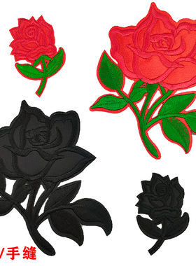 黑色刺绣花朵布贴红色补丁贴衣服羽绒服裤子装饰修补破洞贴花手缝