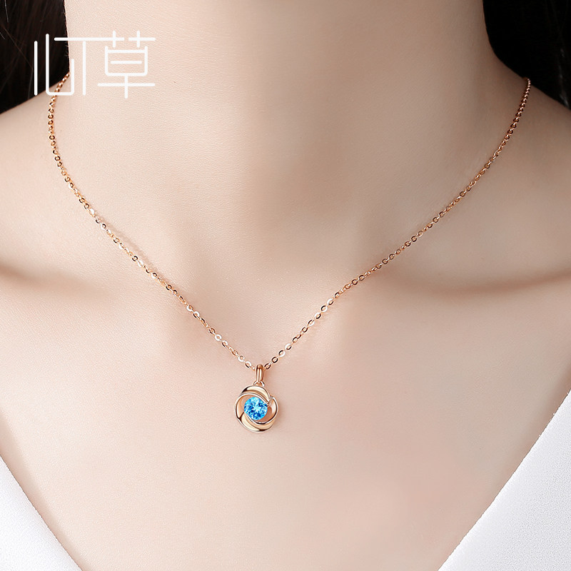 彩金项链女18k玫瑰金锁骨链白金托帕石吊坠生日礼物送女友首饰