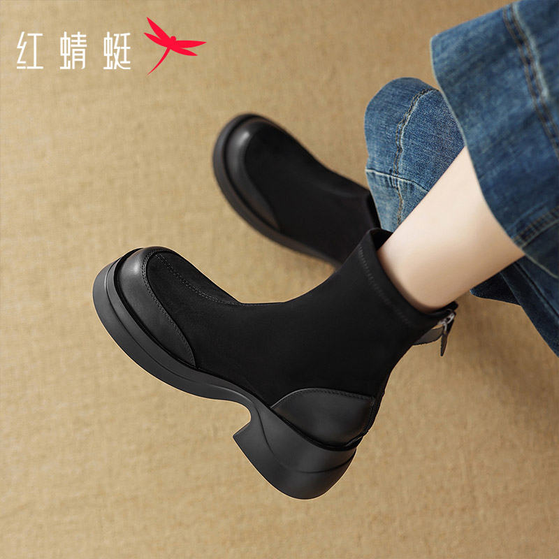 红蜻蜓女鞋2025秋季新款袜靴厚底粗跟弹力瘦瘦靴子复古时尚短靴女