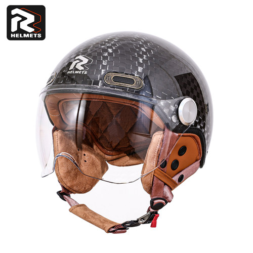 RR头盔半盔摩托车男女电动车哈雷半盔四季复古超轻碳纤维3/4盔