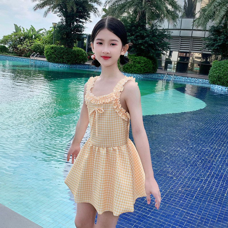 女童泳衣韩版格子女孩中大童连体裙式保守夏季平角温泉沙滩泳装