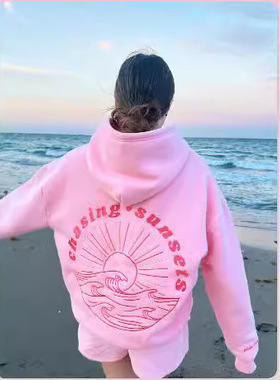 2024新版欧码女士落肩袖螺纹 Chasing Sunsets品牌卫衣连帽衫印花