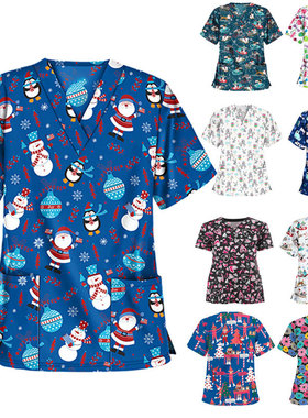 女装印花短袖V领口袋T恤女士上衣