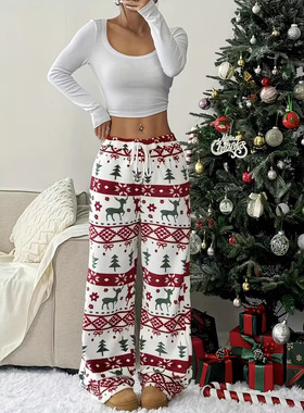 抽绳休闲时尚印花宽松毛绒睡裤直筒