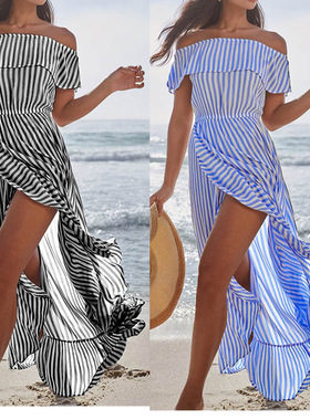 2025女装 一字肩连衣裙条纹束腰开叉大摆不规则长裙