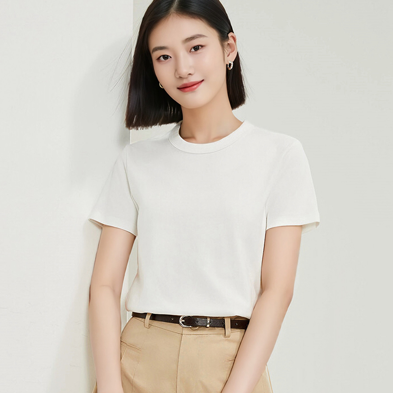 正肩短袖T恤女纯棉2024夏季新款白色内搭显瘦辣妹上衣圆领体恤