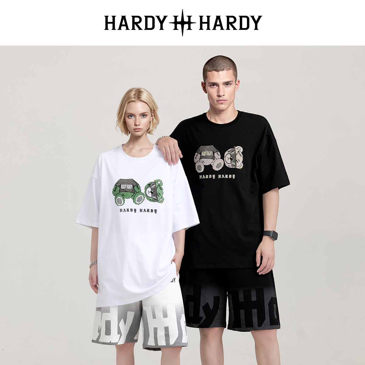 HARDY HARDY趣味恶搞小熊系列烫钻短袖T恤2024夏款纯棉中性风半袖