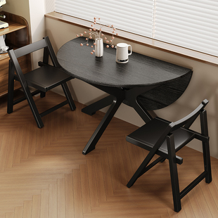 实木折叠圆桌黑色小户型餐桌家用饭桌靠边站可折叠复古圆形折叠桌