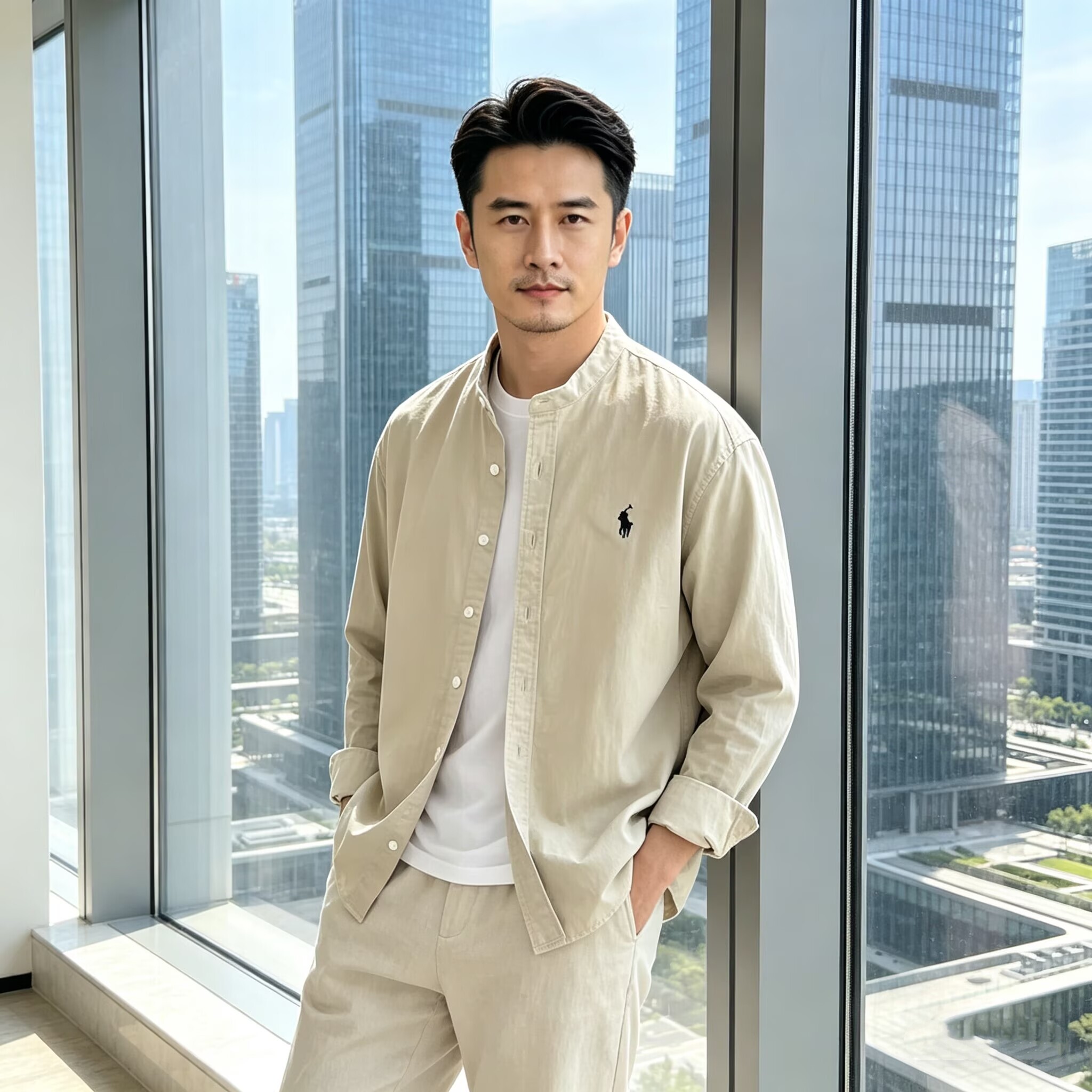春夏季小马刺绣亚麻立领衬衫男士图片