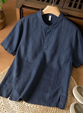 夏季新款男士亚麻立领短袖衬衫