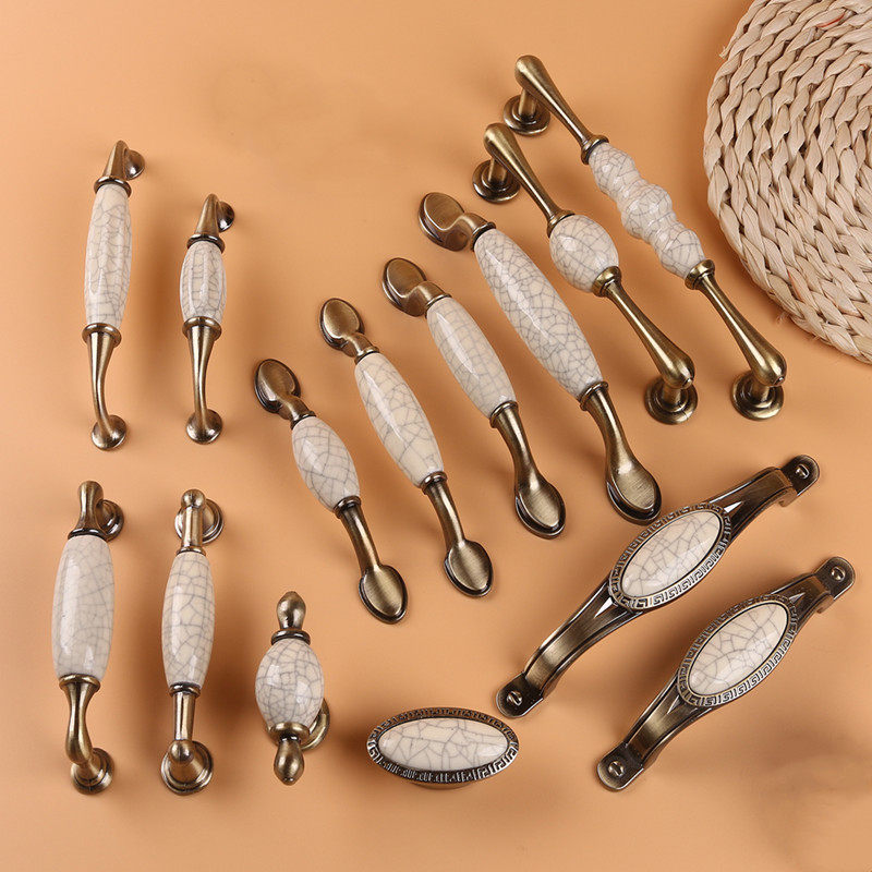 厂家欧式裂纹陶瓷拉手橱柜抽屉衣柜门单孔仿古青古铜五金把手美式