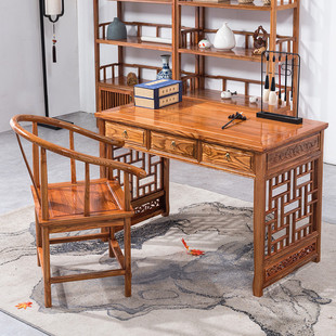 仿古实木雕花书桌榆木画案书法桌中式三抽办公桌写字台中医馆诊桌