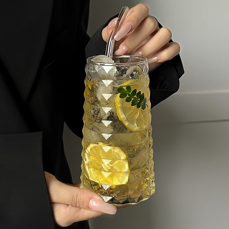 网红钻石水果茶杯玻璃水杯子冰美式咖啡杯创意饮料果汁杯气泡水杯