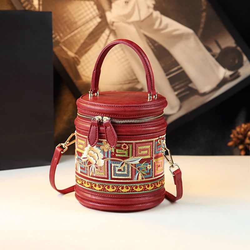 国风绣花水桶包包2024新款圆筒包小众真皮手提包单肩斜挎女包小包,搬运/仓储/物流设备,机械式停车设备（立体停车库）,淘宝优惠券,粉丝福利购,淘宝优惠卷