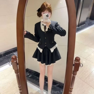 韩系学院风套装裙新款小众百搭衬衫上衣修身长袖外套洋气显瘦短裙