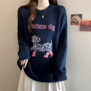 实拍大码 上衣独特斑点小狗字母刺绣毛衣 秋冬氛围感软糯针织衫