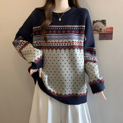 实拍大码mm秋冬费尔岛提花圣诞毛衣慵懒小众民族风软糯针织衫上衣