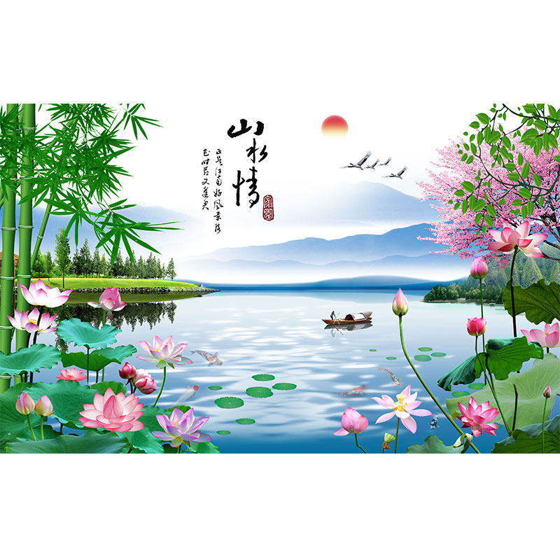 荷花竹子竹报平安电视背景墙壁纸新中式山水8d凹凸立体影视墙墙布