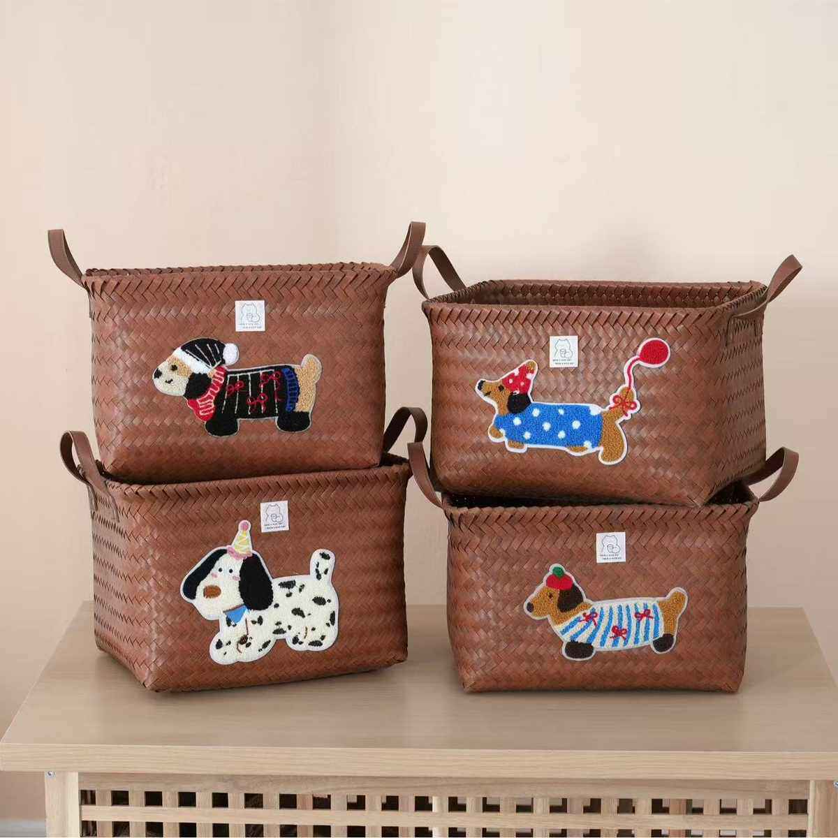 腊肠狗藤编汽车副驾驶收纳箱後备箱车载实用型大容量多功能收纳