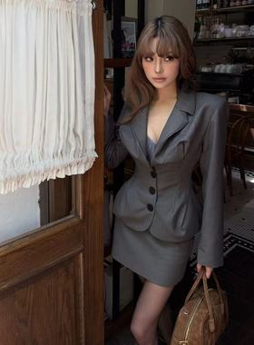 HunterGirl醉汉西装短裙辣妹收腰经典高级外套显瘦修身质感套装