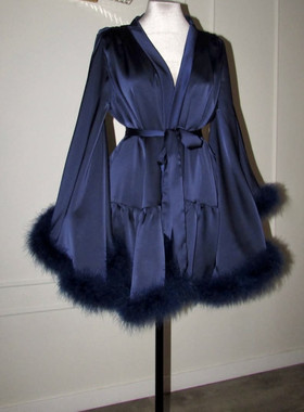 HunterGirl 高级感醋酸缎面睡裙女收腰系带短款睡袍结婚晨袍新娘