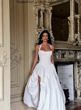 HunterGirl设计感挂脖开叉长裙女气质高级收腰显瘦大裙摆连衣裙