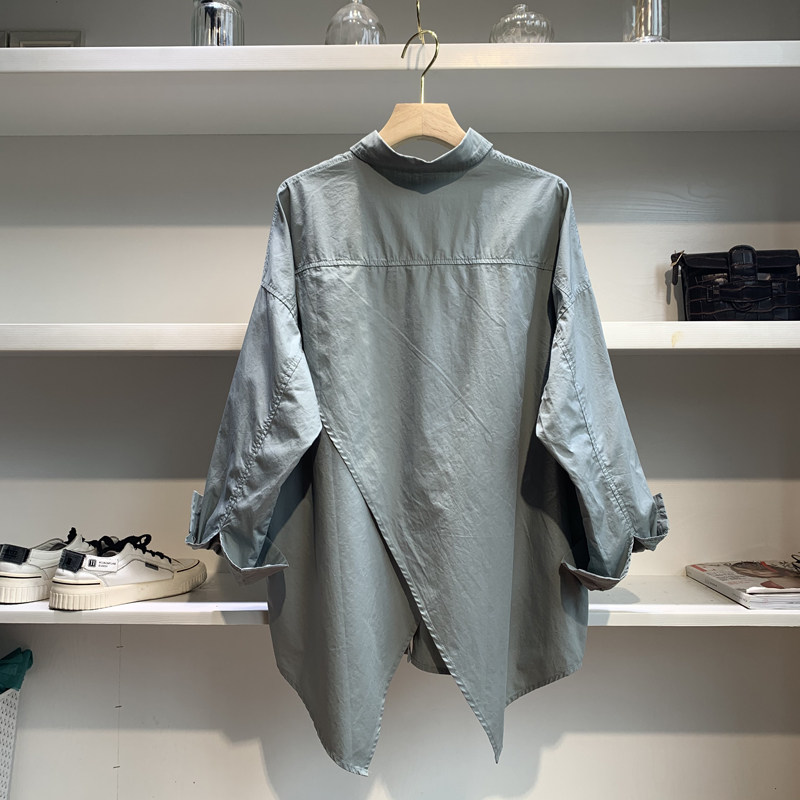 秋季纯色不规则衬衫女韩版2020宽松休闲设计感小众长袖上衣外搭潮