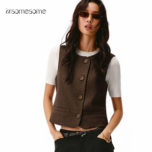 asomesome复古纽扣收腰毛呢马甲女秋冬内搭叠穿修身羊毛背心上衣