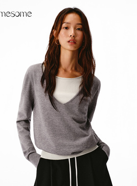 asomesome美式假两件设计感羊毛针织衫女秋保暖毛衣打底宽松上衣