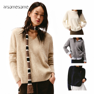 asomesome山羊绒拉绒V领宽松毛衣女秋冬加厚软糯羊毛针织衫上衣