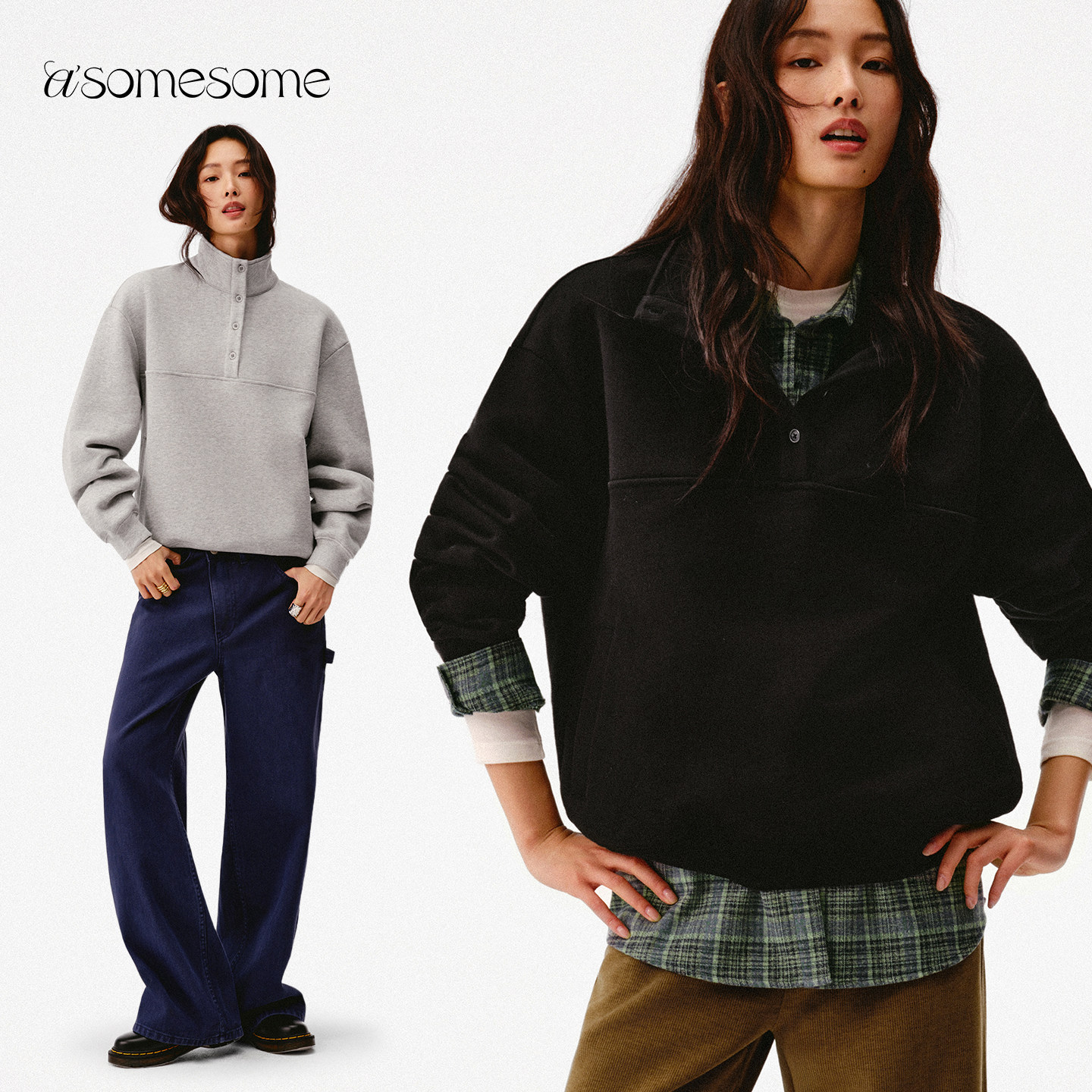 asomesome纯棉立领半开襟按扣宽松卫衣女冬加绒套头外套保暖上衣