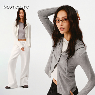 asomesome美式连帽修身纽扣开衫长袖女春新款针织薄外套内搭上衣