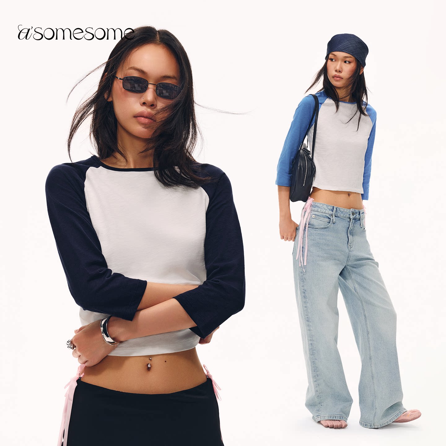 asomesome美式撞色插肩七分袖T恤女秋显瘦通勤中袖设计感打底上衣