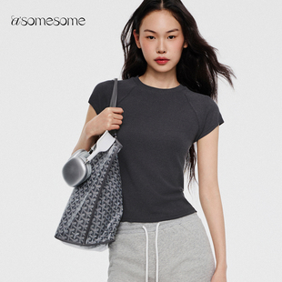 asomesome美式圆领修身插肩短袖T恤女春夏休闲辣妹紧身运动上衣