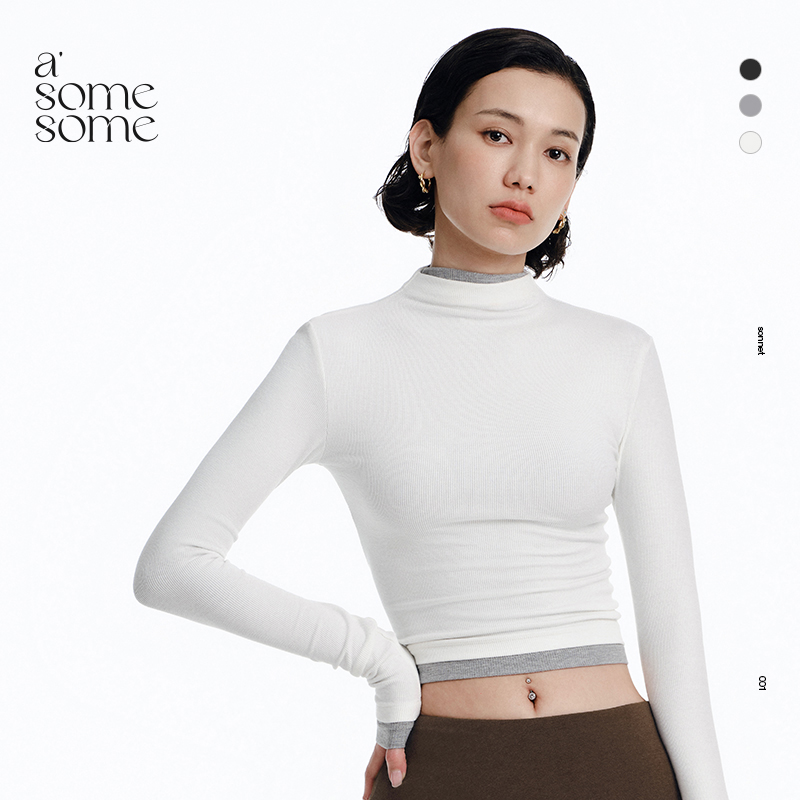 asomesome高级修身针织长袖t恤女2025新款半高领打底衫女内搭上衣