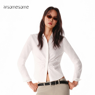 女秋新高级感收腰修身 衬衫 内搭上衣 辣妹翻领V领长袖 asomesome美式