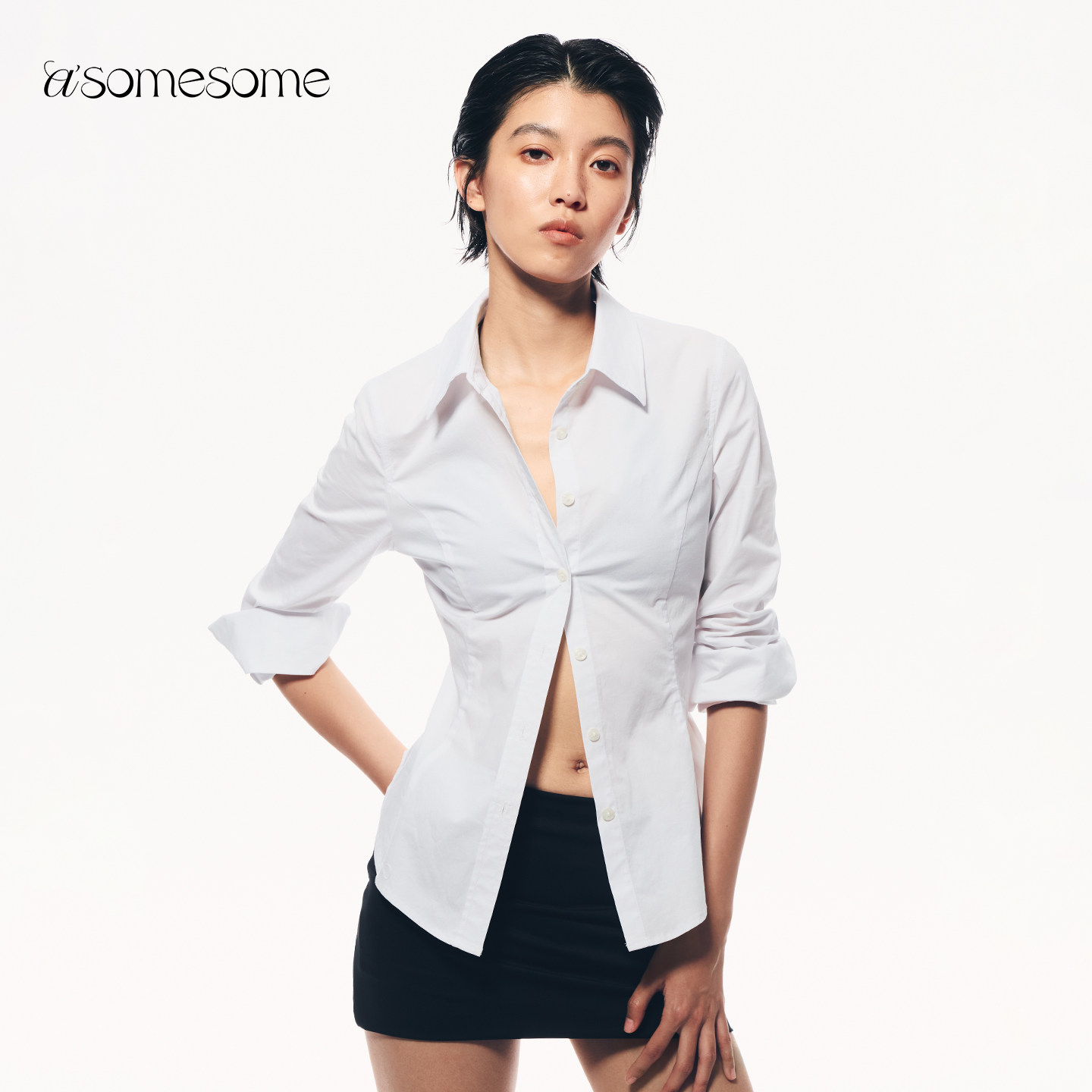 asomesome美式白色翻领收腰衬衫女夏新叠穿修身西装内搭通勤上衣