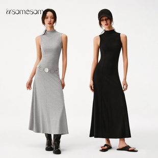 背心裙显瘦长裙 A字连衣裙女春新无袖 asomesome美式 时髦半高领修身