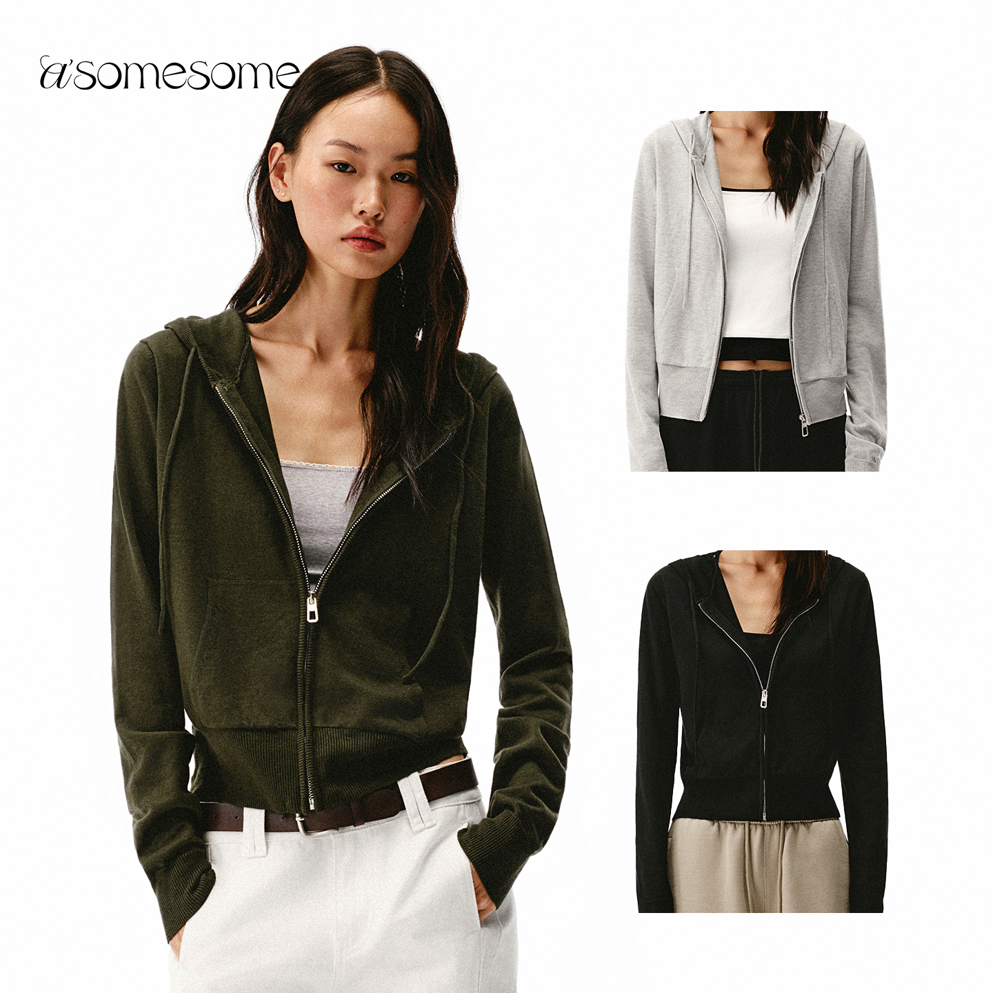 asomesome连帽拉链绵羊毛开衫女